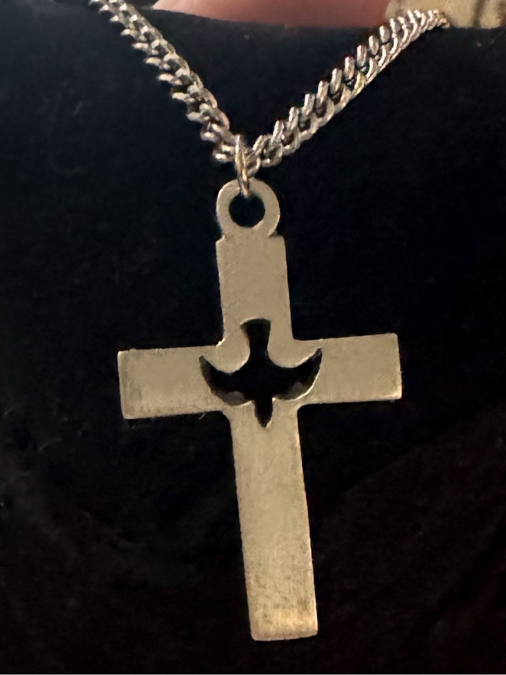 Pewter Cross Pendant Necklace with Dove Cutout - Unisex Jewelry